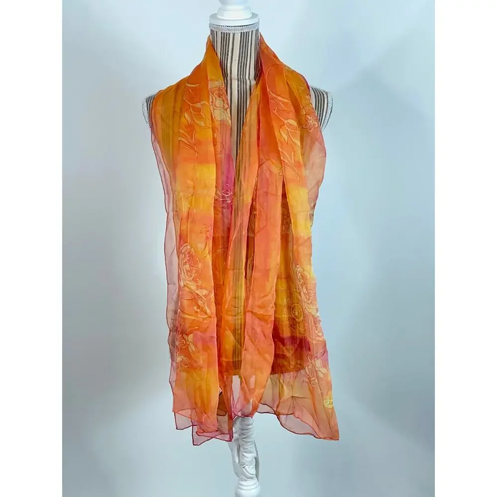 Salvatore Ferragamo Orange Silk Chiffon Floral Scarf OS